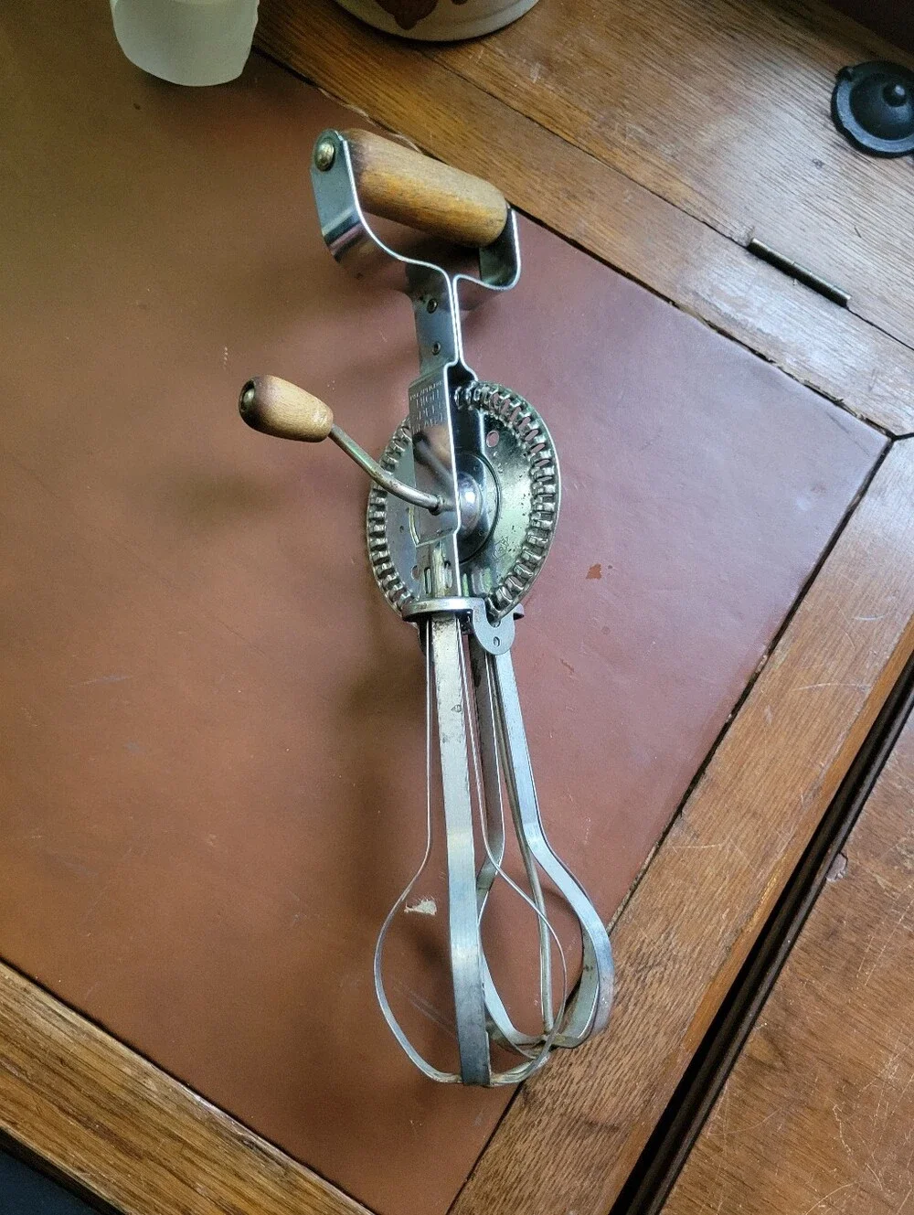 Vintage A&J High Speed Super Drive Wood Handle Kitchen Hand Mixer Egg Beater
